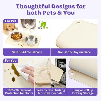 Pet Feeding Mat 12"x19" Silicone Dog Feeding Mat Pet Place Mat Waterproof Silicone Contain Spills Protects Floors Placemats for Cats and Dogs - color: Beige