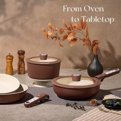 CAROTE 19Pcs Ceramic Cookware Set, Pots and Pans Set Non stick, Non Toxic Cookware Detachable Handle, Kitchen Cooking Set - Induction Cookware, Dishwasher/Oven Safe, PFAS Free, Chocolate - color: Chocolate, size: 19 Piece