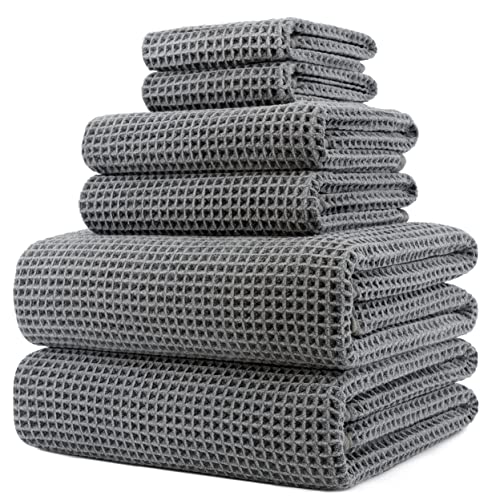 POLYTE 430 GSM Microfiber Quick Dry Lint Free Oversize Bath Towel Set, 6 Piece (Waffle Weave) - color: Gray