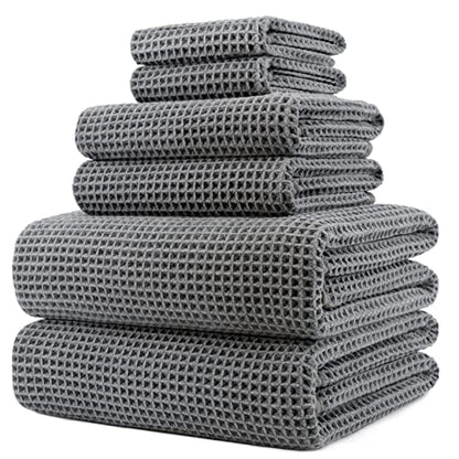 POLYTE 430 GSM Microfiber Quick Dry Lint Free Oversize Bath Towel Set, 6 Piece (Waffle Weave) - color: Gray