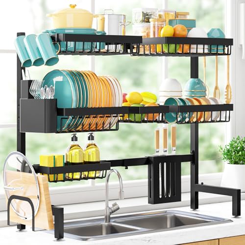 Sakugi Over The Sink Dish Drying Rack - Adjustable 3 Tier XX-Large Capacity Stainless Steel Drainer with Cutlery & Utensil Holders, Kitchen Storage & Organization, 31.5"-39.5"L x 12"W x 30.5"H, Black - color: Black, size: Ultra - 6 Baskets