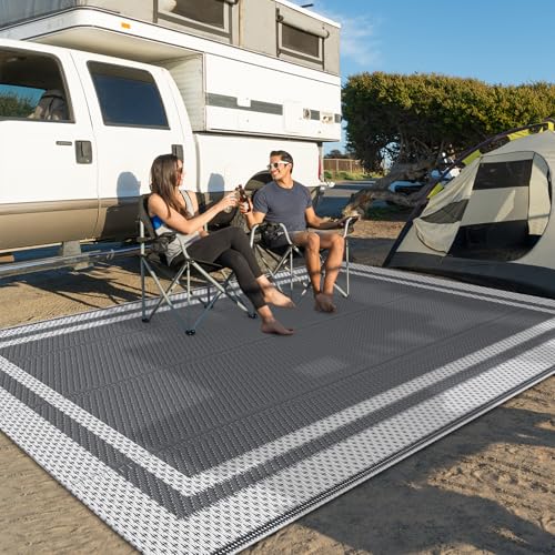 HappyTrends Outdoor Rug Reversible Portable Plastic Straw Camping Rugs for Outside RV,Large Waterproof Outdoor Area Rugs for Patio,Deck,Porch,Balcony(5'x 8',White&Gray) - size: 5' x 8' (Rectangular)