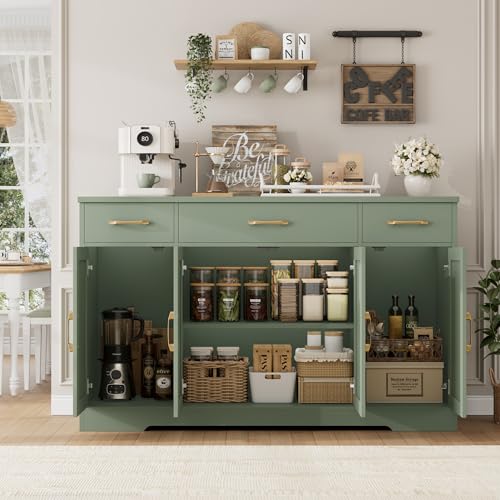 HOSTACK Buffet Sideboard Cabinet with Drawers, 55" Large Buffet Storage Cabinet with Shelves and Doors, Modern Farmhouse Coffee Bar Station for Kitchen, Dining Room, Green - color: Green