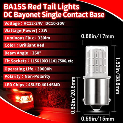 12V 1156 BA15S Red 1003 1141 7506 P21W LED Bulbs,DC Bayonet Single Contact Base,AC10-24V DC10-30 volt LED Replacement for Brake,Tail Lights,Blinker,Turn Signal,Parking or Running Lights,4Pack - color: 1156 Red