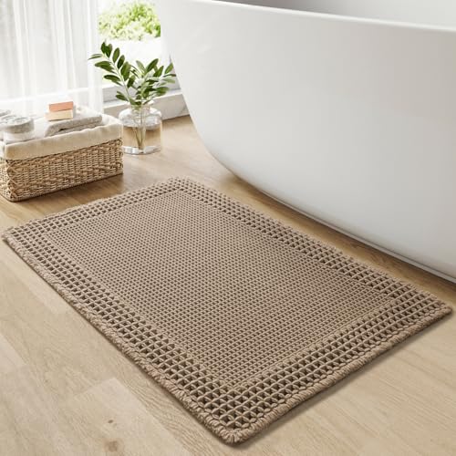 RESARE Waffle Bath Mat for Bathroom, Super Absorbent Bathroom Rugs Non Slip Machine Washable, Ultra Soft Quick Dry Boho Bath Rugs with Tassels, Farmhouse Home Decor Accessories, 17"x24" Brown - color: Brown, size: 17" X 24"