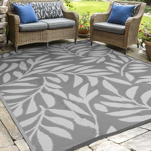 wikiwiki 4x6ft Outdoor Rug, Reversible Plastic Patio Rug Waterproof, Indoor Outdoor Carpet Clearance, Portable Small Area Carpet for Patio Deck Balcony Pool RV Camping Beach Picnic, Grey Big Leaves - color: Grey, size: 6' x 4' (Rectangular)