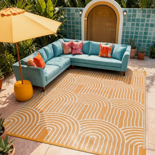 Lahome Outdoor Area Rugs 8x10 Waterproof, Plastic Reversible Rv Mats for Outside, Portable Lightweight Camping Carpet for Beach Backyard Garden (Rainbow Orange, 8'x10') - color: Orange-rainbow, size: 8' x 10' (Rectangular)
