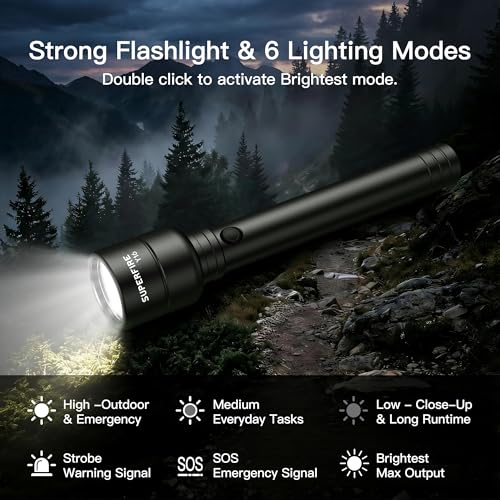 SuperFire Rechargeable Flashlight High Lumens 3000LM, Powerful LED Flashlight with 6 Modes, USB Charging, IP46 Waterproof, Long Runtime for Home Emergency, Outdoor Camping, Hiking&Tactical Use