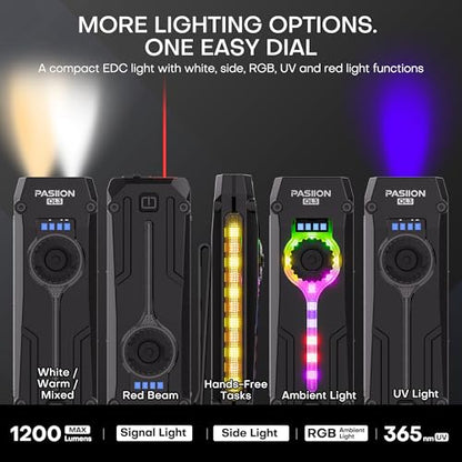 Rechargeable EDC Flashlight, 750 Lumens with 11 Light Modes & Stepless Dimming,Flat Flashlight Magnetic Base & Dual Clip, White & Warm Light Combo, U V Mode, Red Light for Everyday Carry - color: Black, size: Medium