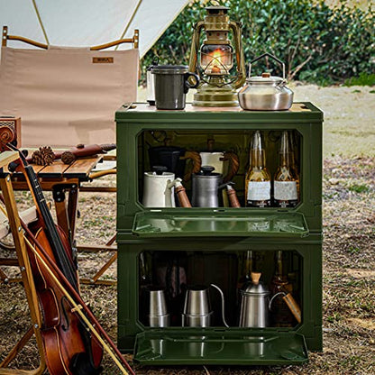 Foldable storage box, plastic campsite with wooden lids, storage tank with 50 lane and casters 50L, for camping, car trunk (OD Green) - color: OD Green