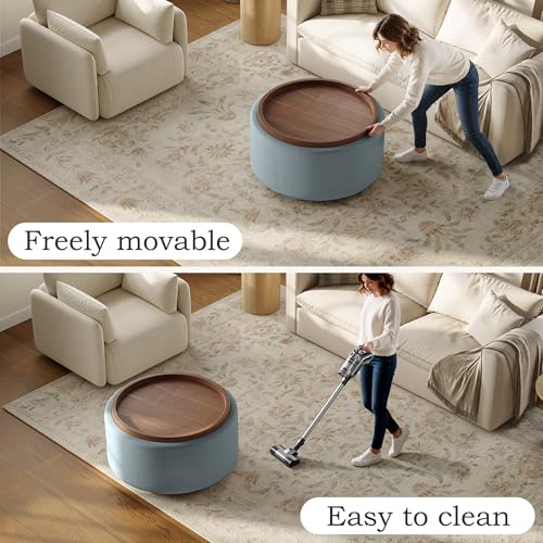 Round Storage Ottoman Coffee Table with Walnut Tray, 30'' Round Ottoman with Storage, Modern Upholstered Coffee Table with with 4 Casters for Living Room, Linen Fabric, Light Blue - color: Light Blue