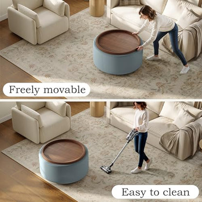 Round Storage Ottoman Coffee Table with Walnut Tray, 30'' Round Ottoman with Storage, Modern Upholstered Coffee Table with with 4 Casters for Living Room, Linen Fabric, Light Blue - color: Light Blue