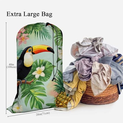 Swono Toucan Birds Laundry Bags 28" x 40", Tropical Palm Leaves Pineapple Hibiscus Versatile - Multi Use, Football Grid Oxford Cloth Machine Washable, Exotic - color: Toucan Birds
