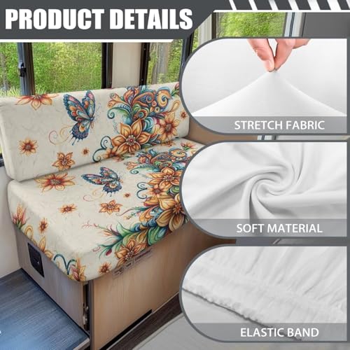 Butterfly Boho Floral Pattern RV Dinette Cushion Slipcovers Stretch Camper Booth Seats Replacement Cover RV Sofa Furniture Protector-Bench & Backrest Covers, 2 Sets - color: Butterfly Boho Floral