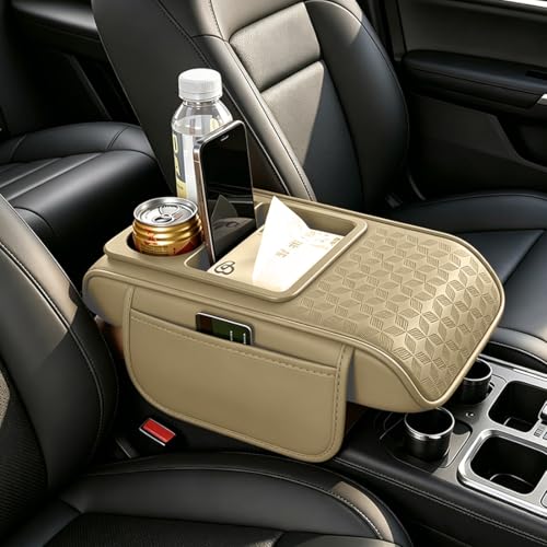 Car Center Console Cover, Auto Car Armrest Cushion 5-in-1 with Cup Holder, Tissue Box Slot, Phone Slot for Vehicle, Car Accessories Interior Storage Organizers (Beige) - color: Beige