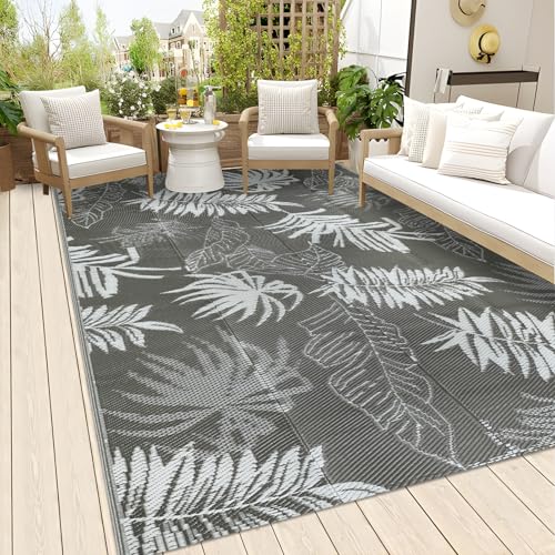 Falflor 5x8 Ft Outdoor Reversible Rug Waterproof Outdoor Patio Rug Plastic Large Floor Mat Lightweight Indoor Outdoor Rug Carpet Plastic Straw Rug for Camping Deck RV Backyard Picnic(Grey) - color: Grey, size: 5' x 8'