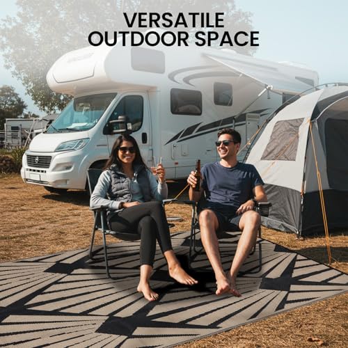 Reversible Outdoor Plastic Straw Rug 5x8 Ft, Waterproof Foldable Camping Mat with Uv Protection, Quick-Dry Plastic Straw Patio Carpet for Deck Rv Porch Backyard Black & Brown