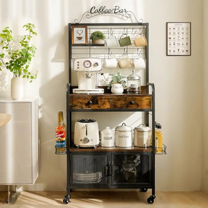 Rolling Coffee Bar Cart for Small Spaces, Coffee Station Cabinet with Storage, Apartment Coffee Nook, Side Syrup Rack, Tea Pod Drawer, Magnetic Doors, Lockable Wheels, Rustic Brown - color: Black & Brown