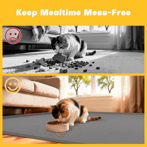Lorvain 45" x 30" Cat Food Mat, Extra Large Silicone Pet Feeding Mat with Raised Edges, Pet Placemat for Cat Dog Food and Water Bowl Waterproof, Non-Slip, Easy to Clean, Floor Protection, Dark Grey - color: Dark Grey: 45" x 30"