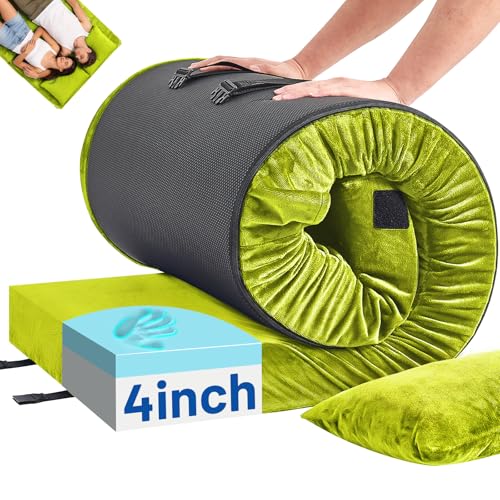 Memory Foam Camping Mattress Pad with Pillow - Extra Thick 4 Inch Sleeping Pad for Camping, Waterproof Roll Up Cot Mattress Topper Bed Mat for Car Truck Tent RV, with Storage Bag - color: Avocado Green, size: Full: 75*54*4"