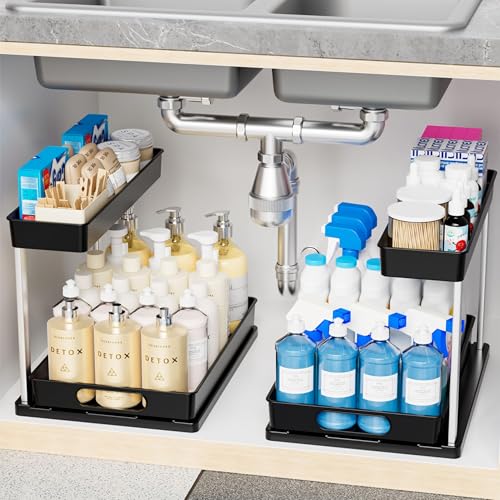Yieach 2 Pack 10.8″ High Pull Out Under Sink Organizer,14.5″ Deep 2 Tier Slide Out Cabinet Organizer for Kitchen Cabinet,Undersink Organizers,Under Sink Shelves,Bathroom Organizers and Storage,Black - color: Black