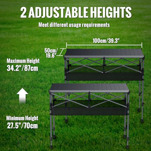 GARLLEN Folding Table for Camping, 2 Adjustable Height Portable Roll-up Picnic Table with Storage Net, Lightweight Aluminum Outdoor Table with Carrying Bag for Camping, BBQ, Beach, 39"L x 20"W - size: Tabletop Size: 39.3"L x 19.6"W