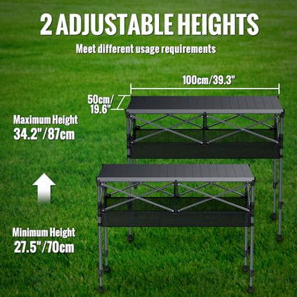 GARLLEN Folding Table for Camping, 2 Adjustable Height Portable Roll-up Picnic Table with Storage Net, Lightweight Aluminum Outdoor Table with Carrying Bag for Camping, BBQ, Beach, 39"L x 20"W - size: Tabletop Size: 39.3"L x 19.6"W
