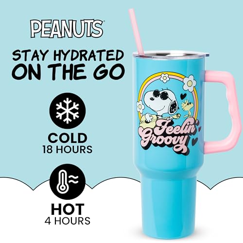 Silver Buffalo Peanuts Featuring Snoopy and Woodstock Feelin' Groovy Double Walled Stainless Steel Tumbler with Handle and Straw, Fits in Standard Cup Holder, 40 Ounces - color: Peanuts Feeling Groovy