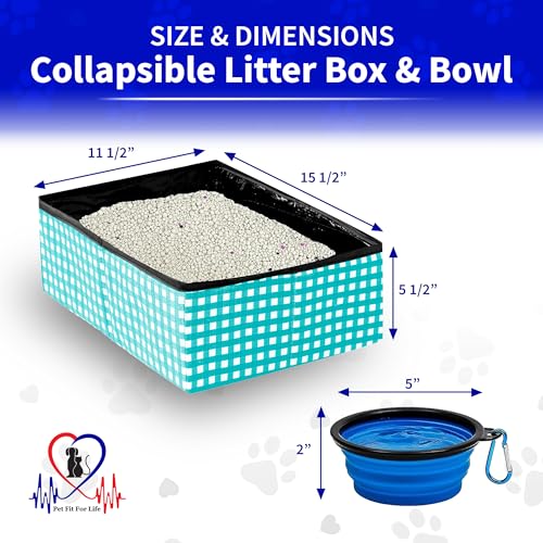 Pet Fit For Life - Vibrant Collapsible Travel Cat Litter Box - Portable, Foldable, Compact Design with Bonus Water Bowl - Ideal for Car & Camping - Reusable, Cats Safe - Teal, (16"x12"x5") - color: Teal