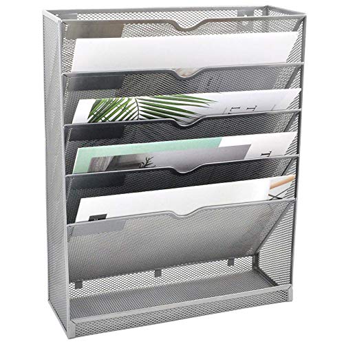 EASEPRES Mesh Wall File Organizer 6 Tier Vertical Mount Hanging Holder Magazine Rack with Bottom Flat Tray, Sides Closed, Silver - color: Silver, size: 6 Tier Upgrade