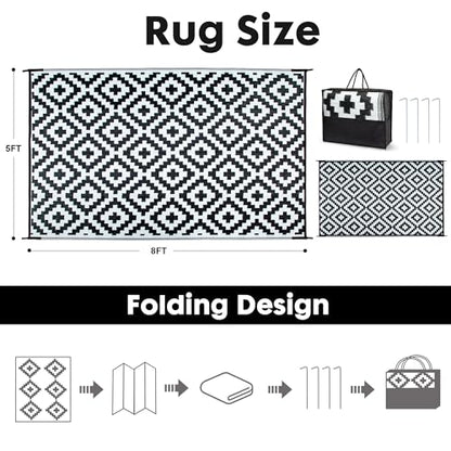 Waterproof Outdoor Rug 5x8 ft, Plastic Straw Rug Reversible, Large Floor Mat Area Rug for Camping, Patio, Backyard, Deck, Picnic, Beach, RV,