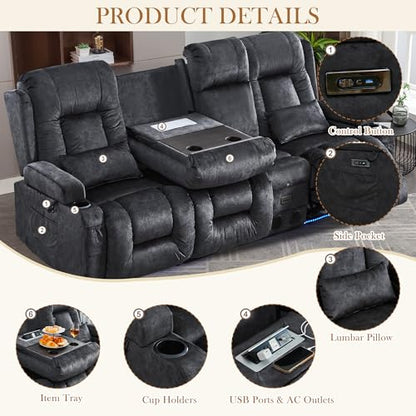 TUNYI Power Loveseat Recliner Sofa with Massage & Heat Home Theater Seating with Console RV Recliner Loveseat Sofa with USB/Storage/Side Pocket/LED Light/Speaker (Grey, 3 Seat with Console) - color: Grey, size: 3 Seat with console