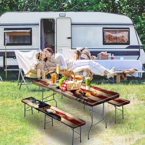 Park Picnic Table Cover with Bench Covers Lightweight Camping Essentials, Oil-Proof Waterproof 3PCS Tablecloth with Elastic, Fitted for Table 6FT Rectangle and Seats, American Flag Eagle (72x30in) - color: American Flag Eagle