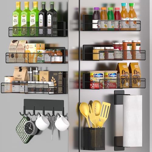 Magnetic Spice Rack for Refrigerator, 10 Pack 100% Metal Strong Magnet Shelf, Moveable Spice Organizer W/ Adjustable Paper Towel Holder, Hook Rack & Utensil Caddy, Home Kitchen Laundry Storage, Black - color: Black, style: 10 Pack