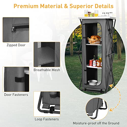 Goplus Folding Camping Storage Cabinet, Pop Up Outdoor Camping Kitchen Station with Large 3-Tier Storage Organizer, Carry Bag, Easy Set Up Portable Compact Camping Table for BBQ Picnic Backyard (55'') - size: 55''