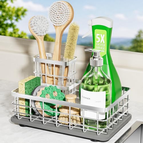 Extra Large Kitchen Sink Caddy Organizer, Stainless Steel Sponge Holder for Kitchen Sink with Brush Holder, Diatomite Stone Sink Tray for Soap Dispenser, Sponge, Bathroom Countertop Organizer, Silver - color: Silver