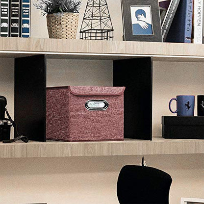 Storage Bin [Set of 4] Linen Fabric Foldable Container with Lid, Collapsible Organizer Boxes Cubes – 10 x 10 x 10 Inches (Red) - color: Red
