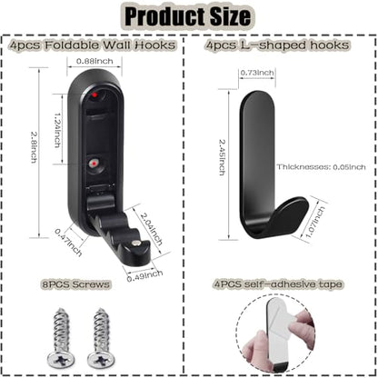 4PCS Foldable Wall Hooks, Folding Coat Hook, Folding Hook Wall Mount with 4pcs L-Shape Nail-Free Hooks, Screwdriver and Drill Bit, for Bathroom, Kitchen, Entryway, Holds Coats, Backpacks, Hats, Keys
