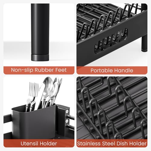 TOOLF Dish Drying Rack Expandable Drainer w/Cutlery & Cup Holder, Black | Stainless Steel &PP, Extenable 12.6" to 18.7"D, Anti-Rust, Auto-Drainage, Space-Saving, Fit for Various Sink Countertops - color: Black