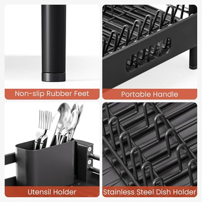 TOOLF Dish Drying Rack Expandable Drainer w/Cutlery & Cup Holder, Black | Stainless Steel &PP, Extenable 12.6" to 18.7"D, Anti-Rust, Auto-Drainage, Space-Saving, Fit for Various Sink Countertops - color: Black