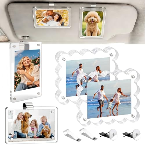 4 Pack Car Picture Holder for Dashboard Vent,Acrylic Car Visor Photo Clip,Picture Frame Clip Magnetic Photo Holder for Horizontal & Vertical Display, Perfect Personalized Gifts for Mother's Day Birthday, Car Decor Accessories
