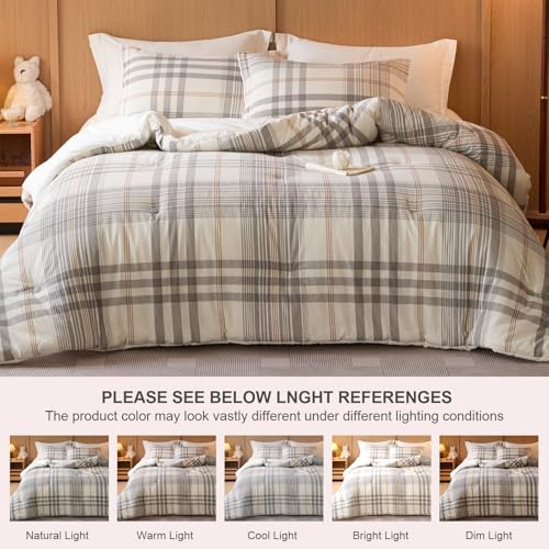 100% Cotton Comforter Set Full Size – Reversible Yarn-Dyed Checkered Design, Soft Washed Cotton on Both Sides, Lightweight All-Season Bedding, Machine Washable(Grey White Plaid, 80”x90”) - color: Grey White, size: Full(80"x90")
