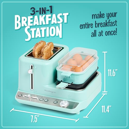 Nostalgia Classic Retro 3-in-1 Breakfast Station, 2-Wide Slot Toaster With Adjustable Toasting Control, Non-Stick Griddle, 6 Capacity Egg Cooker With Lid - color: Aqua, style: Classic