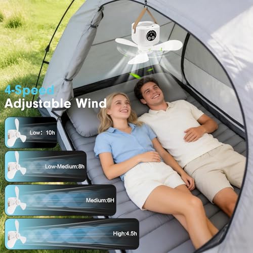 Portable Ceiling Fan with Lights Remote,USB Rechargeable Camping Fan,9.25" Wireless Tent Fan with 4 Speeds,Timer,Battery-Powered Ceiling Fan for RV,Truck,Rooftop Tent,Travel,Camping (White) - color: White