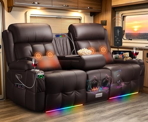 Power RV Loveseat Recliner Sofa, Reclining Loveseats Couch for RV Furniture, Home Theater Seating with Heat Massage, Flip Backrest, USB, Cup Holders, 150° Wall Hugger RV Recliners Sleeper Sofas - color: Flip Back Brown, size: Loveseat-G1-Power