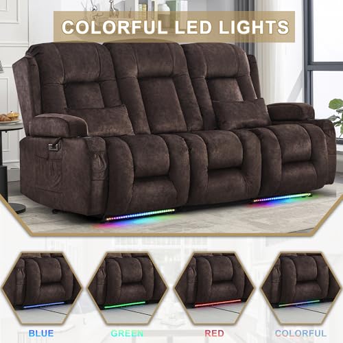 URRED Power Loveseat Recliner Sofa with Massage and Heat, Wall Hugger Reclining Loveseat with Console, RV Couch Home Theater Seating with LED Lights for Living Room (Brown, 76.8" - 3 Seats) - color: Brown, size: 76.8" - 3 Seats