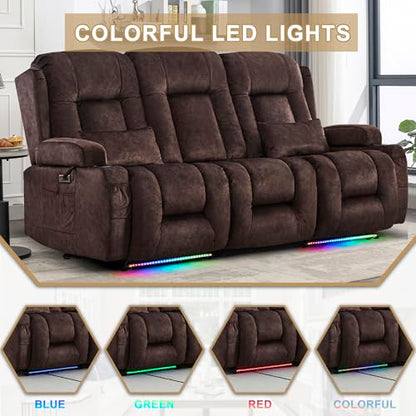 URRED Power Loveseat Recliner Sofa with Massage and Heat, Wall Hugger Reclining Loveseat with Console, RV Couch Home Theater Seating with LED Lights for Living Room (Brown, 76.8" - 3 Seats) - color: Brown, size: 76.8" - 3 Seats