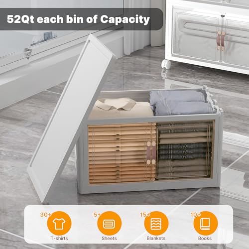 220Qt Stackable Storage Bins with Lids, 4 Pack Collapsible Storage Bins with Wheels, Plastic Cabinet with Doors, Foldable Closet Organizers for Home, Dorm, Office, White