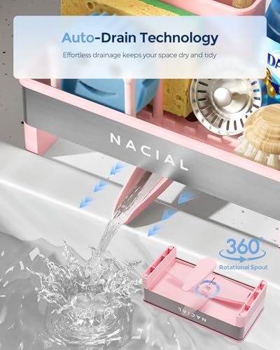 Nacial Sponge Holder for Kitchen Sink, Sink Caddy Organizer with High Brush Holder & Two Towel Racks - Rustproof 304 Stainless Steel Kitchen Countertop Storage Essentials - Pink - color: Pink Dahlia