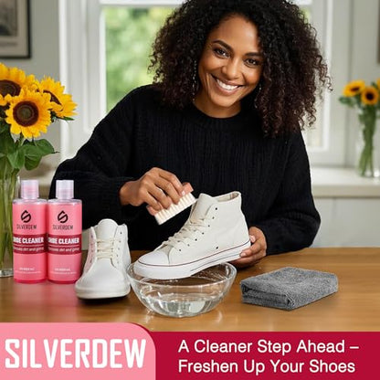 4PCS Shoe Cleaning Kit, Shoe Cleaner 8oz *2 Bottles, Sneaker Cleaner, Nylon Brushes & Microfiber Towel for Leather, Canvas, Mesh, Rubber & Synthetic Materials, Pink
